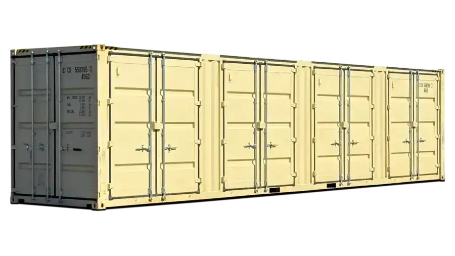 Contenedor marítimo nuevo High Cube de 40 pies con 4 puertas y apertura lateral.